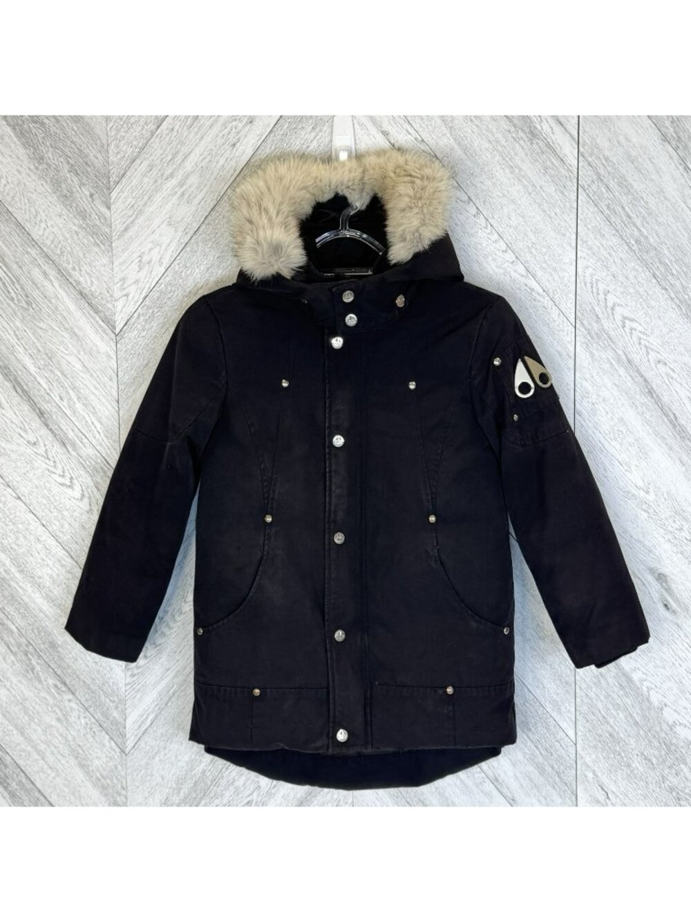 Moose Knuckles Kids Original Down Parka Fur Trim Hood Black Unisex Small 7-8